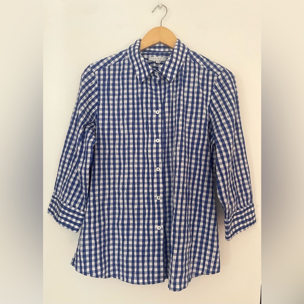 foxcroft white Blue Checkered blouse  Top